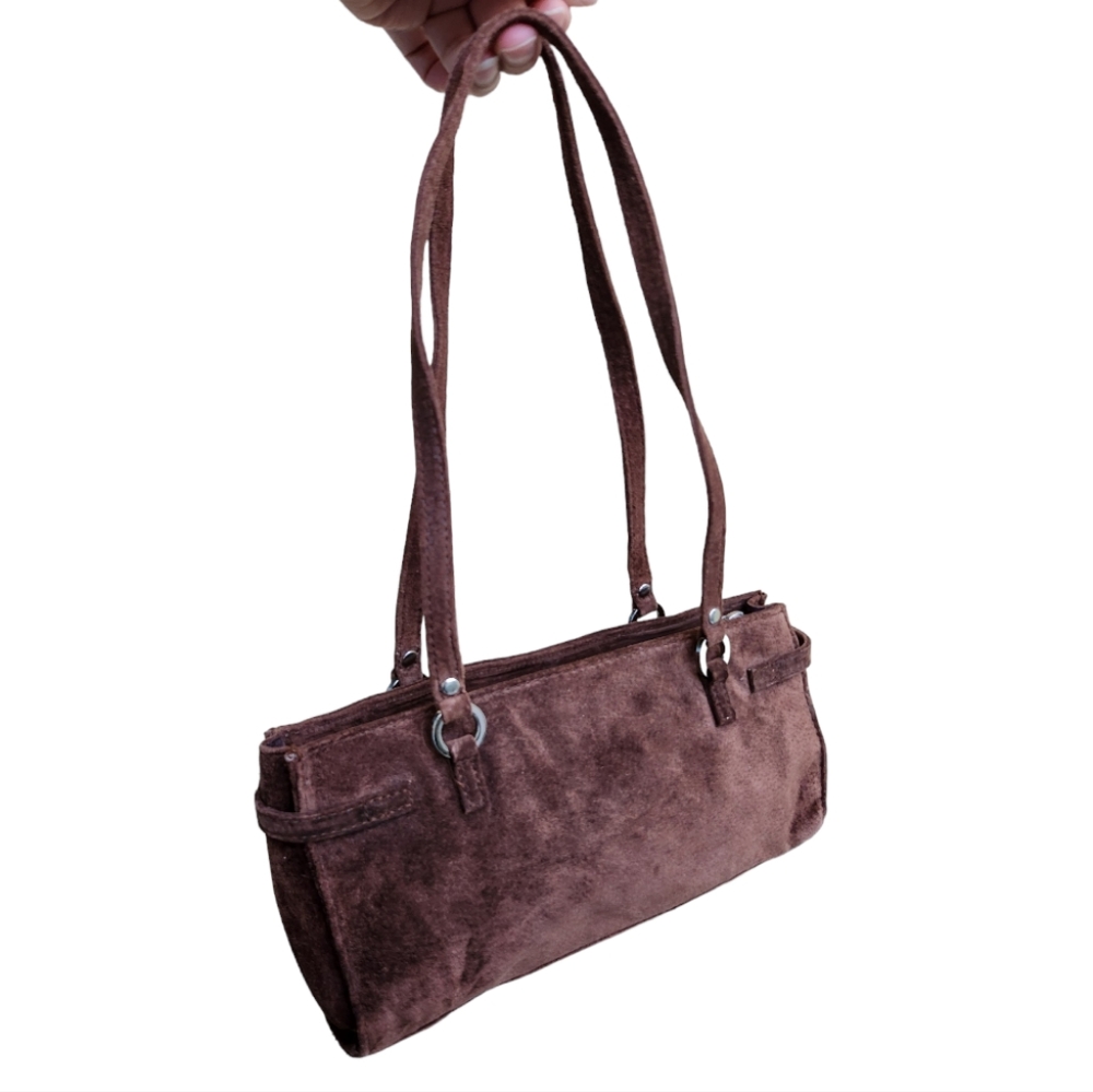 Women mini baguette style purse/ shoulder  bag Wilson leather maxima brown suede